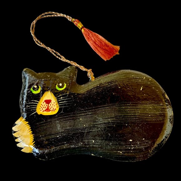 Vintage Wood Black Cat Christmas Hanging Ornament Hand Painted DOUBLE SIDED - Picture 3 of 8